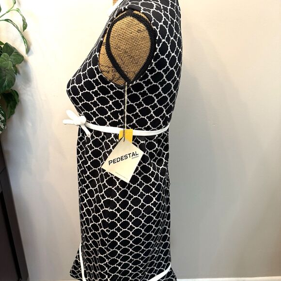 NOS Vintage 70s Black & White Mod Geometric Print Midi Dress S/M David Warren - Picture 4 of 9